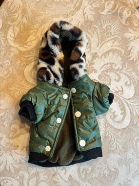 Quilted Green Dog Jacket with Leopard Faux-Fur Hood
